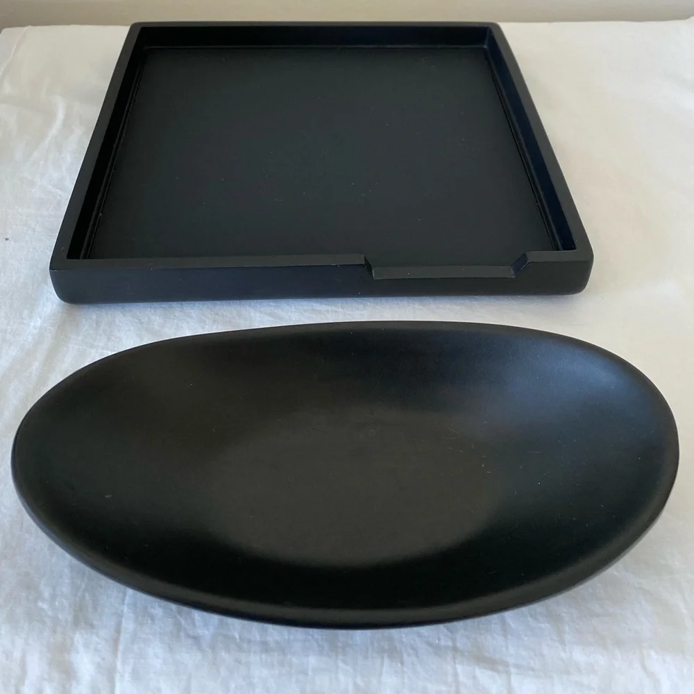 Black home organizers including square tray 10x10, oval melamine trinket holder